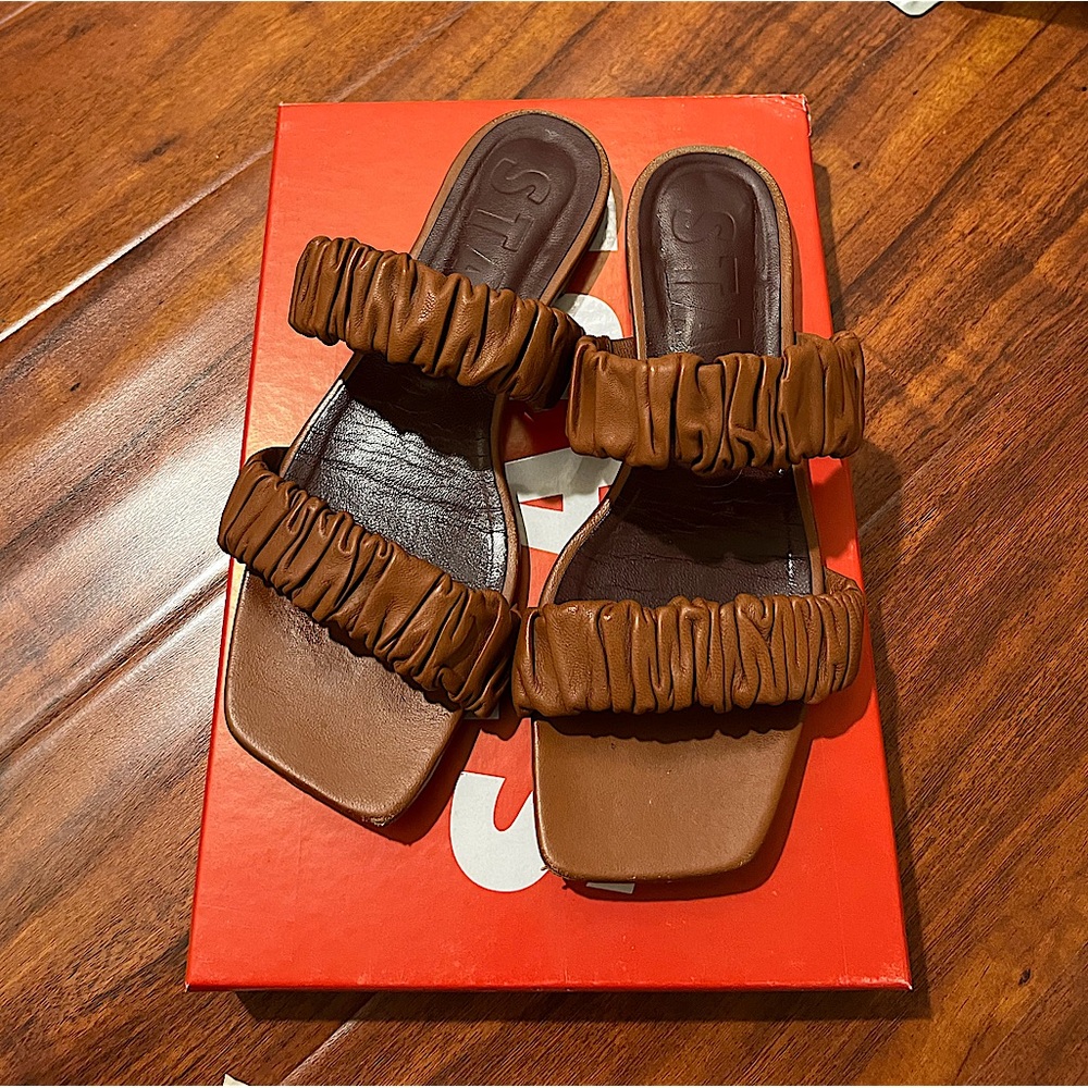 Used Staud Maya Ruched Leather Slides in Tan